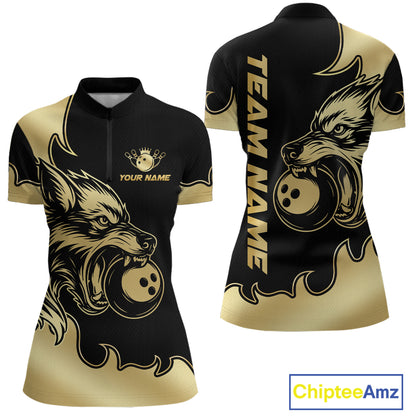 Gold Wolf Bowling Shirts for Team Women Men Custom Wolf Bowling Polo & Quarter Zip MBL194