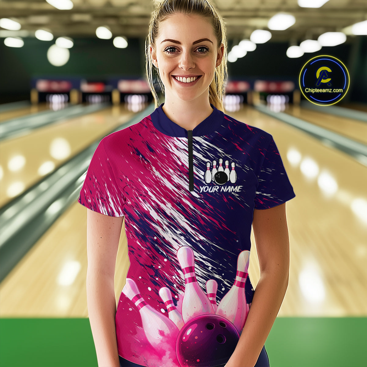 Watercolor Pink and Blue Bowling Shirts for Team Women Men Bowling Polo & 1/4 Zip MBL231