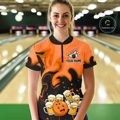 Funny Beer Bowling Shirts Orange for Women Men Bowling Polo&1/4 Zip Bowling League MBL252
