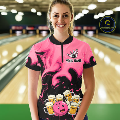 Funny Beer Bowling Shirts Pink for Women Men Bowling Polo&1/4 Zip Bowling League MBL252