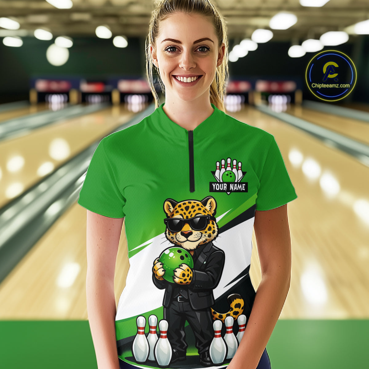 Custom Funny Leopard Bowling Jersey for Women Bowling Team Shirts Bowling League Polo & 1/4 Zip HNT497