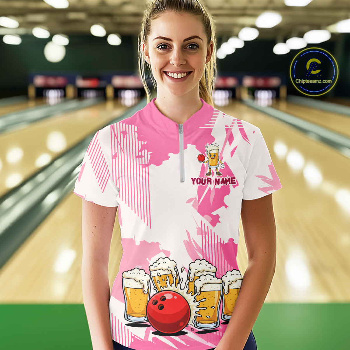 Beer Bowling Shirts Hot Pink for Team Women Men Custom Bowling Polo & 1/4 Zip Shirt MBL245