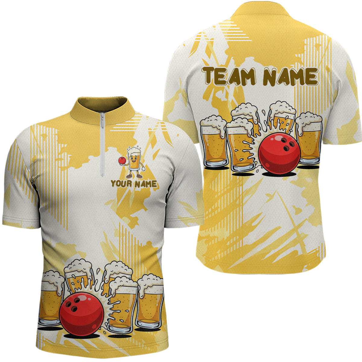 Beer Bowling Shirts Yellow for Team Women Men Custom Bowling Polo & 1/4 Zip Shirt MBL245