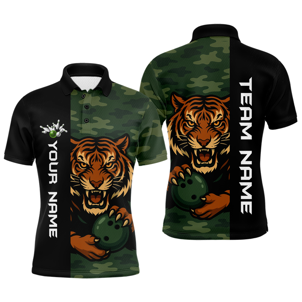 Custom Tiger Bowling Shirts for Team Women Men Camo Green Bowling Polo & 1/4 Zip Shirt MBL184