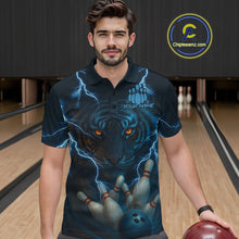 Load image into Gallery viewer, Tiger Bowling Shirts for Team Women Men Custom Blue Lightning Bowling Polo&amp;1/4 Zip Shirt MBL182