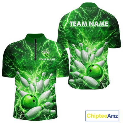 Green Lightning Bowling Shirts for Team Women Men Custom Bowling Polo & 1/4 Zip Shirt MBL241
