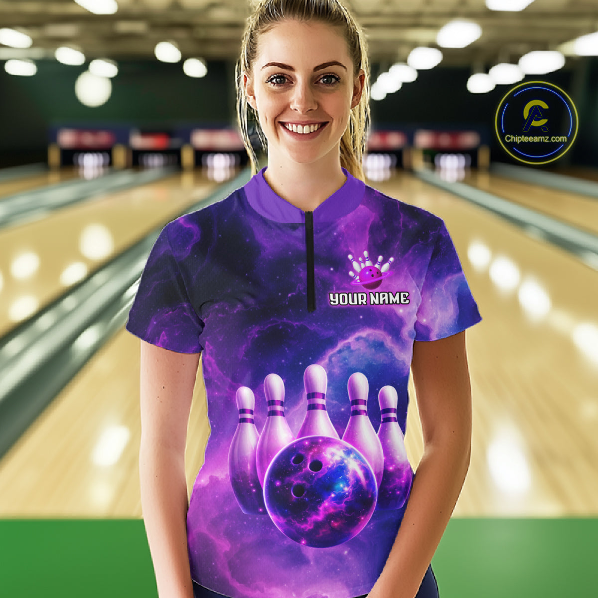 Galaxy Purple Bowling Shirts Yellow for Team Women Men Bowling Polo & 1/4 Zip Shirt MBL246
