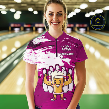 Pink Funny Beer Bowling Shirts for Women Men Team Bowling Polo&1/4 Zip Bowl League MBL253