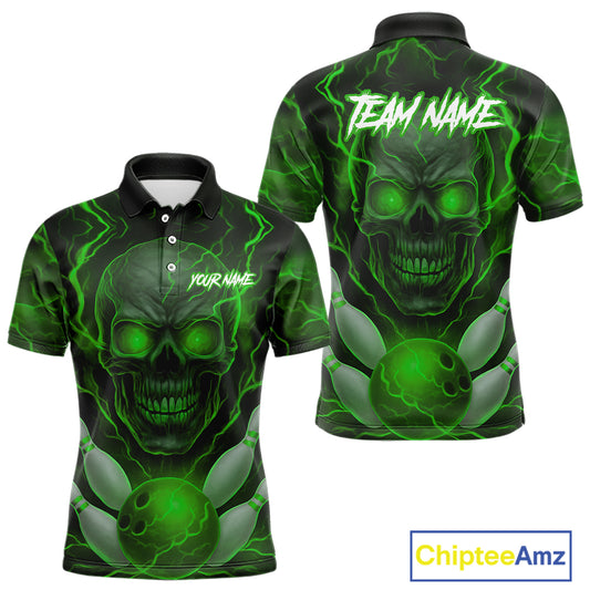 Green Bowling Shirts for Team Women Men Custom Skull Bowling Jerseys for Couples MBL207