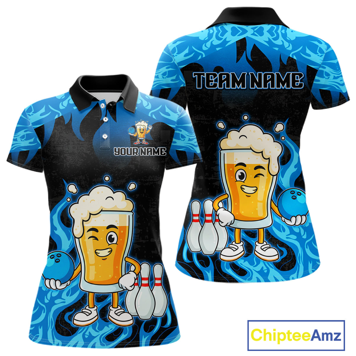 Blue Flaming Beer Bowling Shirts Beer Bowling Jersey for Team Women Men Bowler MBL262