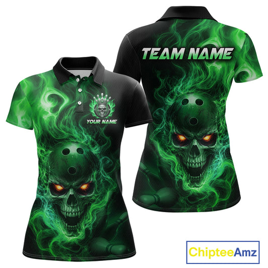 Front and back views of a black bowling polo shirt featuring a flaming skull with glowing orange eyes, green smoke effects, and custom “TEAM NAME” and “YOUR NAME” text.