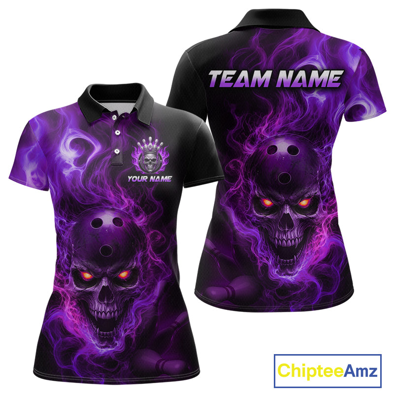 Front and back views of a black bowling polo shirt featuring a flaming skull with glowing orange eyes, purple smoke effects, and custom “TEAM NAME” and “YOUR NAME” text.
