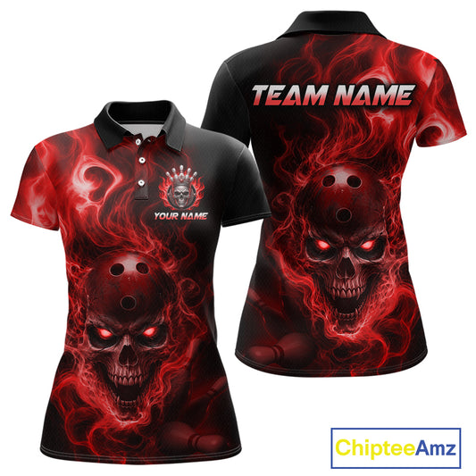 Front and back views of a black bowling polo shirt featuring a flaming skull with glowing red eyes, red smoke effects, and custom “TEAM NAME” and “YOUR NAME” text.