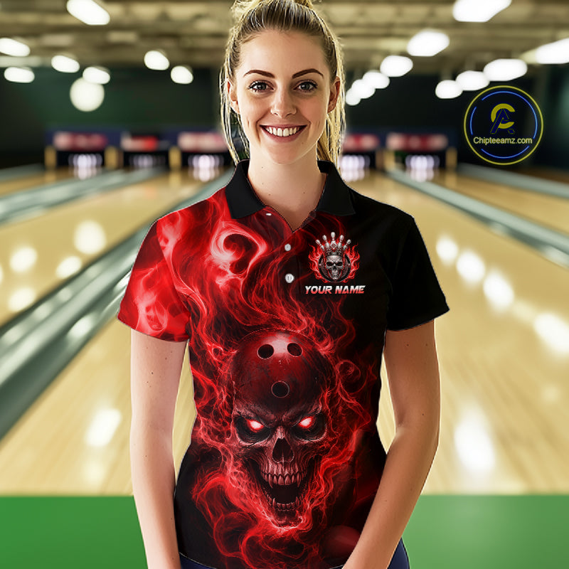 Woman wearing a flaming skull with glowing red eyes, red smoke effects, and custom “YOUR NAME” text.