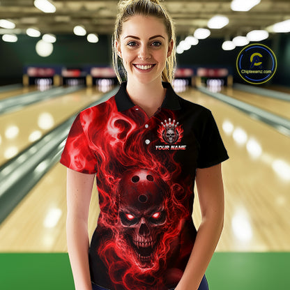 Woman wearing a flaming skull with glowing red eyes, red smoke effects, and custom “YOUR NAME” text.