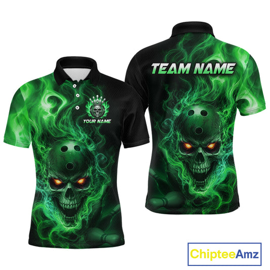 Front and back views of a black bowling polo shirt featuring a flaming skull with glowing orange eyes, green smoke effects, and custom “TEAM NAME” and “YOUR NAME” text.