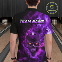 Load image into Gallery viewer, Man wearing a black bowling polo shirt featuring a flaming skull with glowing orange eyes, purple smoke effects, and custom “TEAM NAME” text.