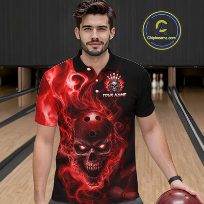 Man wearing a black bowling polo shirt featuring a flaming skull with glowing red eyes, red smoke effects, and custom “YOUR NAME” text.