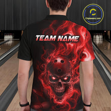 Load image into Gallery viewer, Person wearing a black bowling polo shirt featuring a flaming skull with glowing red eyes, red smoke effects, and custom “TEAM NAME” text.