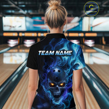 Load image into Gallery viewer, Woman wearing a black bowling quarter zip shirt featuring a flaming skull with glowing orange eyes, blue smoke effects, and custom “TEAM NAME” text.