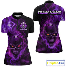 Load image into Gallery viewer, Front and back views of a black bowling quarter zip shirt featuring a flaming skull with glowing orange eyes, purple smoke effects, and custom “TEAM NAME” and “YOUR NAME” text.