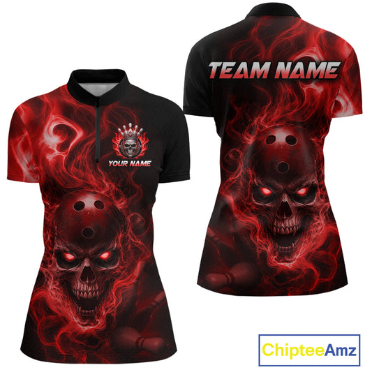 Front and back views of a black bowling quarter zip shirt featuring a flaming skull with glowing red eyes, red smoke effects, and custom “TEAM NAME” and “YOUR NAME” text.