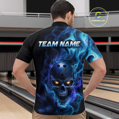 Man wearing a black bowling quarter zip shirt featuring a flaming skull with glowing orange eyes, blue smoke effects, and custom “TEAM NAME” text.
