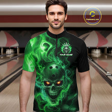 Load image into Gallery viewer, Man wearing a black bowling quarter zip shirt featuring a flaming skull with glowing orange eyes, green smoke effects, and custom “YOUR NAME” text.