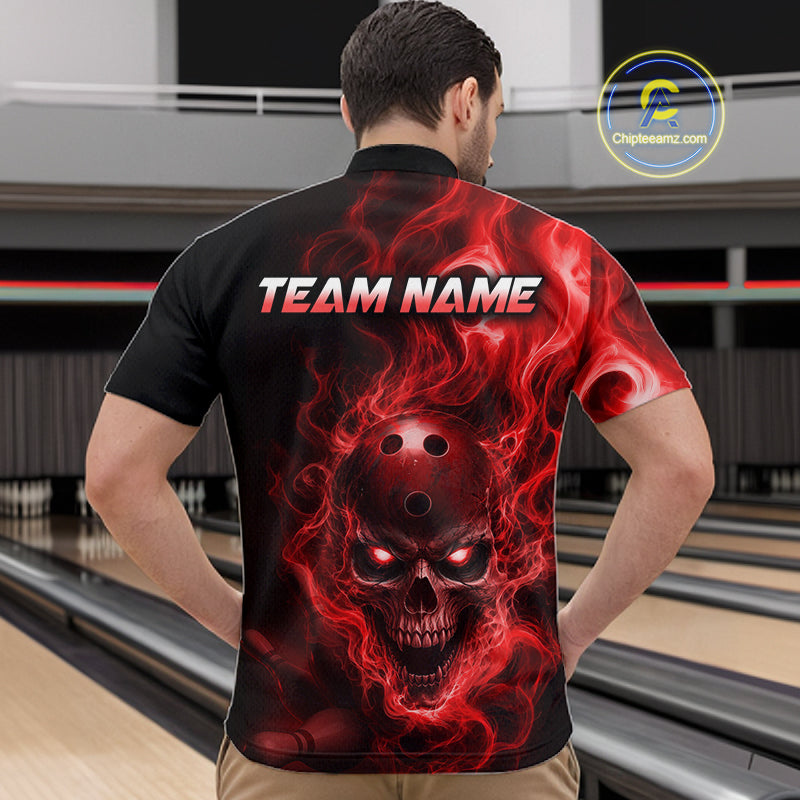 Man wearing a black bowling quarter zip shirt featuring a flaming skull with glowing red eyes, red smoke effects, and custom “TEAM NAME” text.