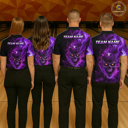 Four people wearing a black bowling polo shirt featuring a flaming skull with glowing orange eyes, purple smoke effects, and custom “TEAM NAME” text