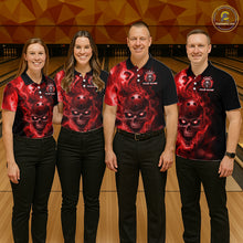 Load image into Gallery viewer, Four people wearing a black bowling quarter zip shirt featuring a flaming skull with glowing red eyes, red smoke effects, and custom “YOUR NAME” text.