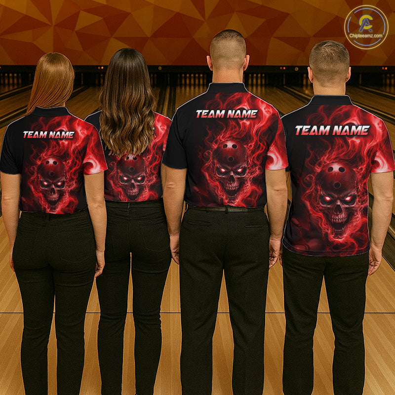 Four people wearing a black bowling quarter zip shirt featuring a flaming skull with glowing red eyes, red smoke effects, and custom “TEAM NAME” text.