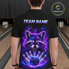 Load image into Gallery viewer, A man viewed from behind wearing a black short-sleeve polo shirt with a large cosmic raccoon graphic on the back. The graphic features a glowing purple and blue raccoon surrounded by lightning and bowling pins, with the text 'TEAM NAME' printed above.