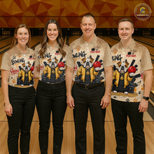 Load image into Gallery viewer, Four people standing together in a bowling alley wearing matching beige graphic bowling shirts with bulldog illustrations and black pants.
