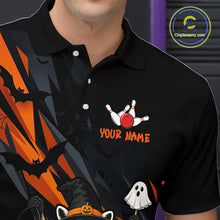 Load image into Gallery viewer, Four people wearing a black Halloween bowling polo featuring orange bandana, ghost and pumpkin accents, bowling pins and ball, with personalized name and team name text.