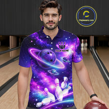 Load image into Gallery viewer, Man wearing a purple galaxy bowling polo with ringed planet bowling balls, white pins, and custom player name text.