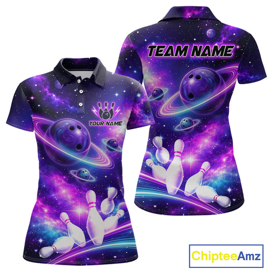 Front and back views of a purple galaxy bowling polo with ringed planet bowling balls, white pins, and custom team and player name text.