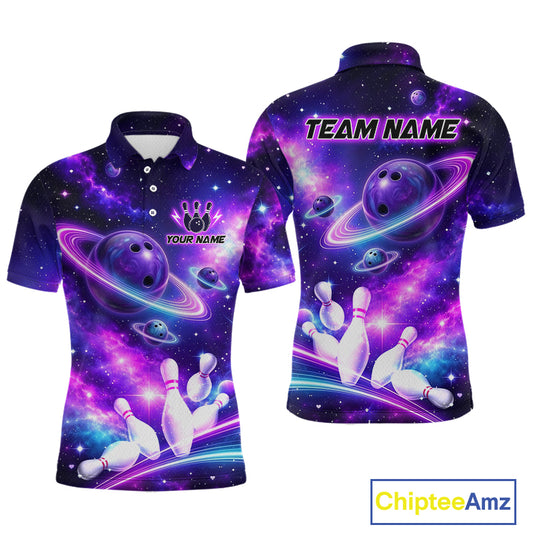 Front and back views of a purple galaxy bowling polo with ringed planet bowling balls, white pins, and custom team and player name text.