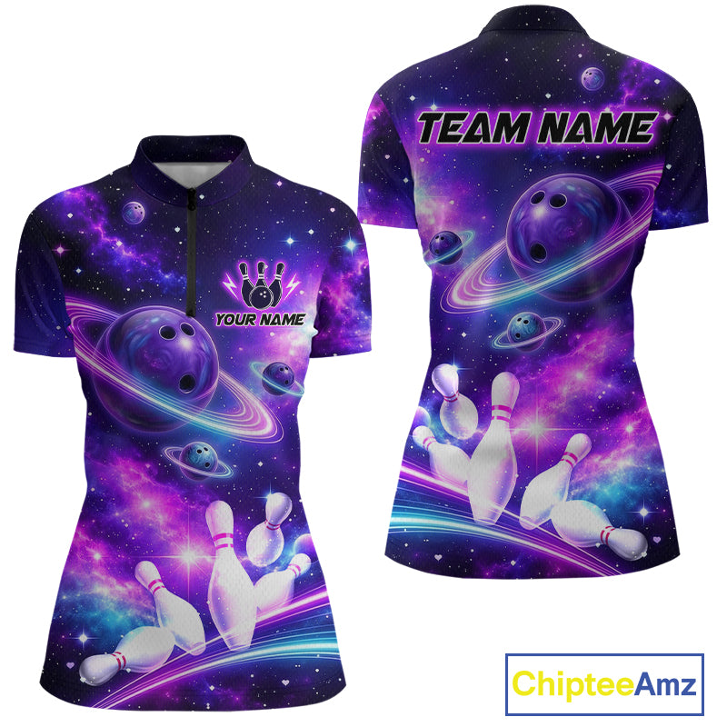 Front and back views of a purple galaxy bowling quarter zip with ringed planet bowling balls, white pins, and custom team and player name text.