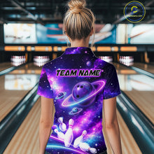 Load image into Gallery viewer, Woman wearing a purple bowling shirt with a galaxy design in a bowling alley.