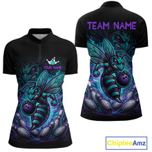 Load image into Gallery viewer, Front and back views of a black bowling quarter zip with teal and purple bee graphics, custom team text, bowling pins, and a purple bowling ball.