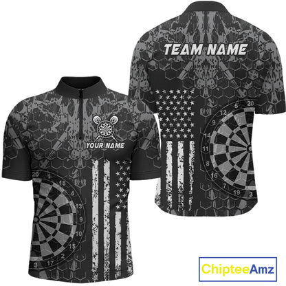 Front and back darts quarter zip shirt featuring dartboard graphics blended with a american flag pattern on a black gray background.