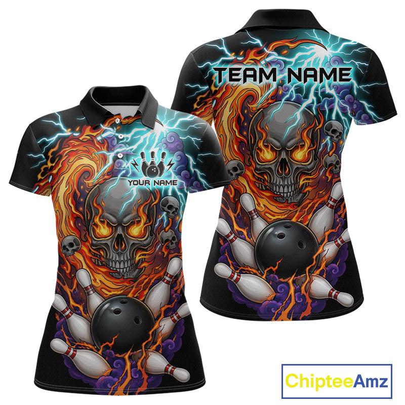 Front and back views of a black bowling polo featuring a flaming skull graphic, lightning effects, bowling pins, and a black bowling ball, with custom team and player name text.