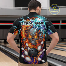 Load image into Gallery viewer, Man wearing a  black bowling quarter zip featuring a flaming skull graphic, lightning effects, bowling pins, and a black bowling ball, with custom player name text.
