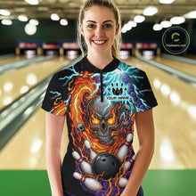 Load image into Gallery viewer, Woman wearing a black bowling quarter zip featuring a flaming skull graphic, lightning effects, bowling pins, and a black bowling ball, with custom name text.