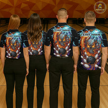 Load image into Gallery viewer, Four people wearing black bowling polo featuring a flaming skull graphic, lightning effects, bowling pins, and a black bowling ball, with custom name text.