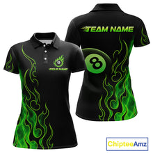 Load image into Gallery viewer, Front and back billiards polo shirt featuring an eight ball design surrounded by flowing green flame graphics on a black background.