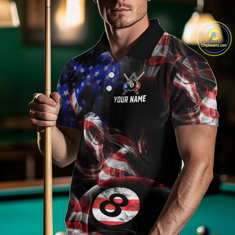 Men wearing personalized billiards polo shirt with an eight ball design connected by american flag smoke patterns across a black layout.