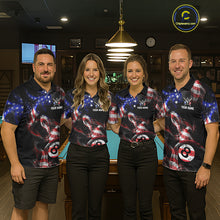 Load image into Gallery viewer, Four people wearing personalized billiards polo shirt with an eight ball design connected by american flag smoke patterns across a black layout.