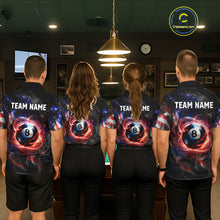 Load image into Gallery viewer, Four people wearing personalized billiards polo shirt with an eight ball design connected by american flag smoke patterns across a black layout.
